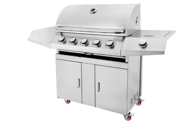 Vista superior de parrilla a gas con cinco quemadores
