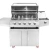 Parrilla a gas de 5 quemadores con tapa abierta y quemador lateral